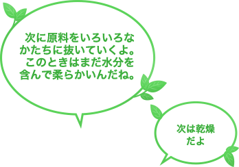 次に原料をいろいろなかたちに抜いていくよ。このときはまだ水分を含んで柔らかいんだね。