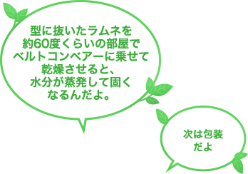 型に抜いたラムネを約60度くらいの部屋でベルトコンベアーに乗せて乾燥させると、水分が蒸発して固くなるんだよ。