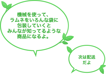 機械を使って、ラムネをいろんな袋に包装していくとみんなが知ってるような商品になるよ。