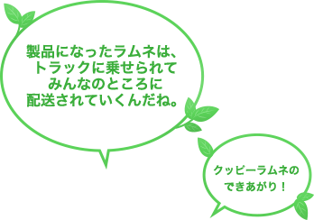 製品になったラムネは、トラックに乗せられてみんなのところに配送されていくんだね。